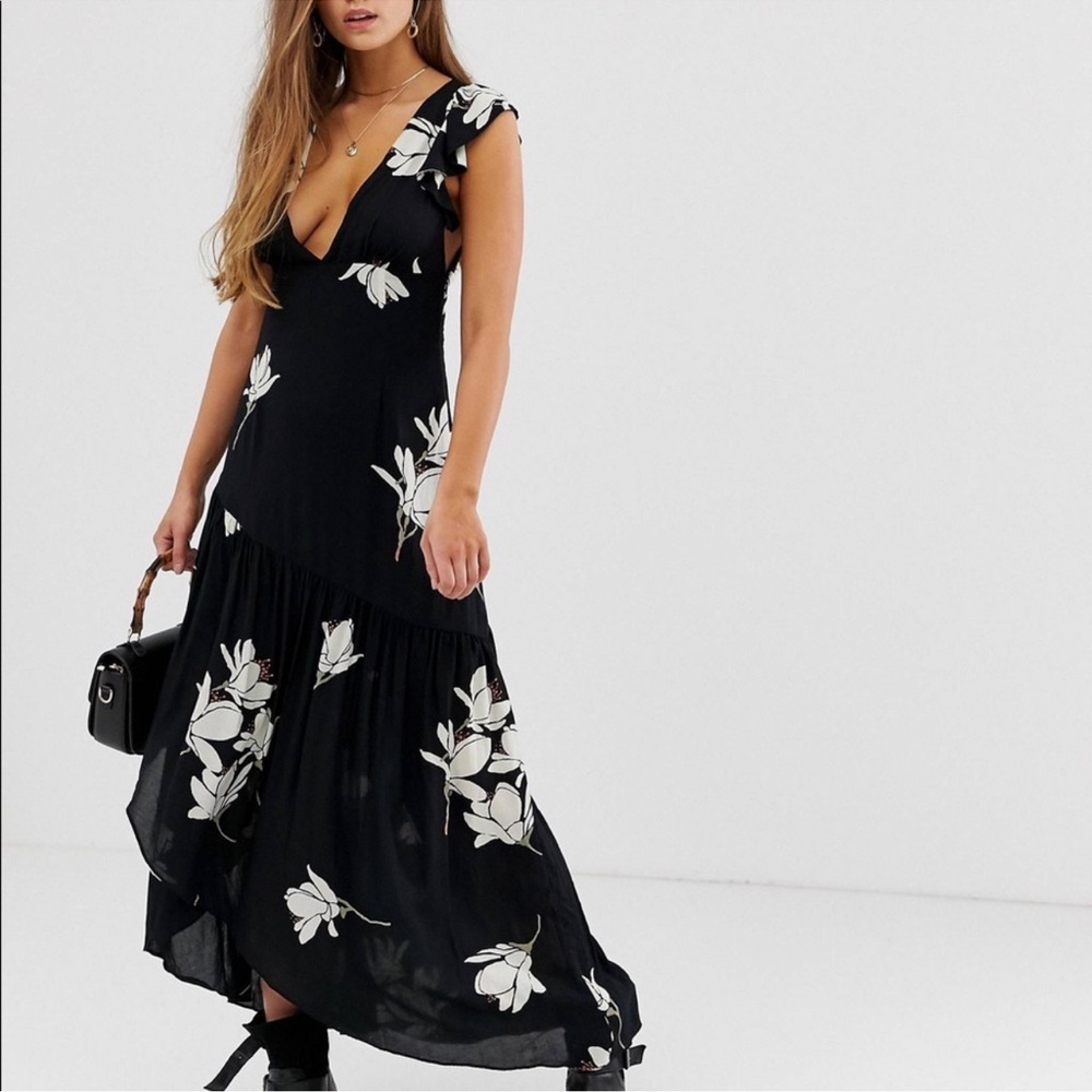 Free People She's A Waterfall Maxi Floral Dress Black Combo Size 4